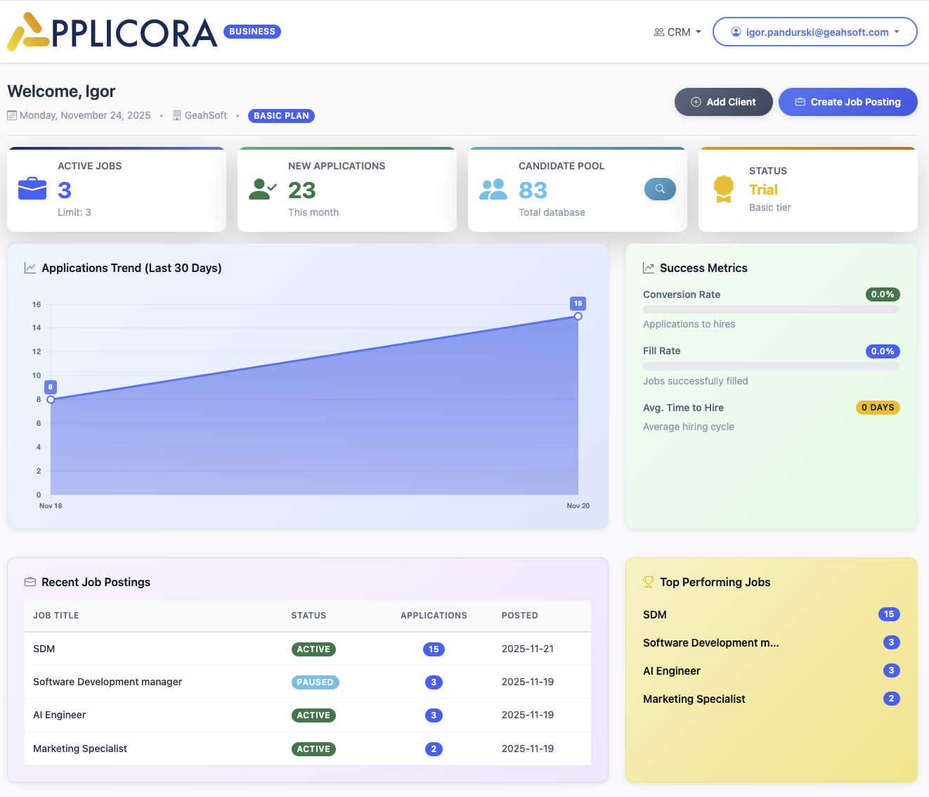 Applicora Business Edition showing AI-powered candidate matching