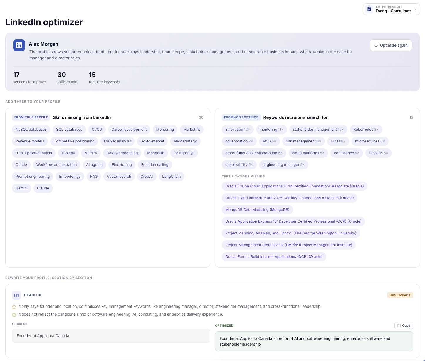 Applicora LinkedIn optimizer analyzing a profile and giving recommendations